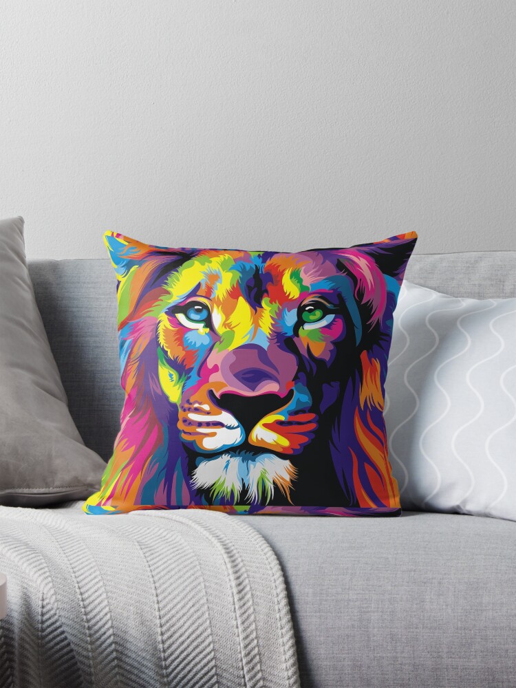 Thumbnail 1 of 4, Pillow, Banksy Rainbow Lion Graffiti Pop Art Painting designed and sold by bufumofo.