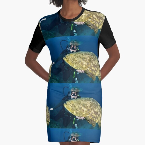Chris petting a Goliath Grouper Graphic T-Shirt Dress