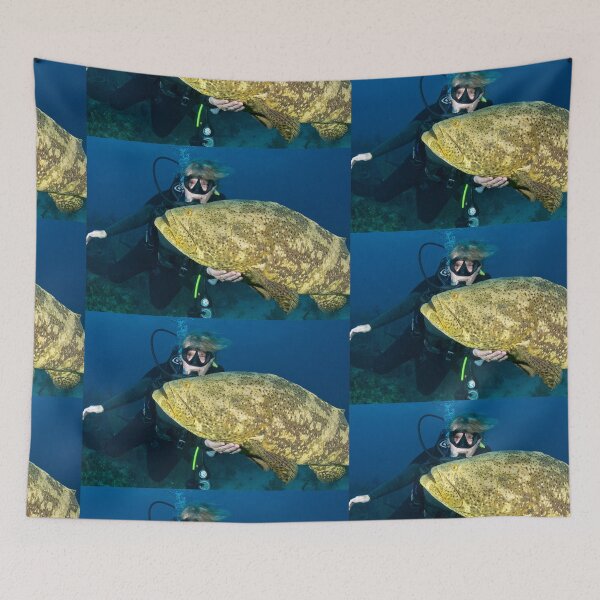 Item preview, Chris petting a Goliath Grouper designed and sold by LivingSeaimages.