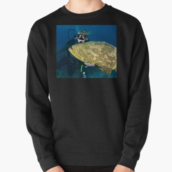 Chris petting a Goliath Grouper Pullover Sweatshirt