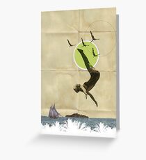 Summer -Fine Art Collage Illustration, Woman in Bathing Suit Jumping Into Sea Greeting Card