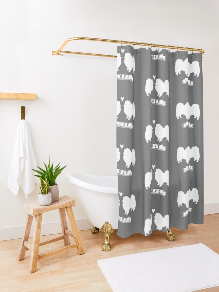 Alternate view of American Eskimo Dogs in Love | Eskie Silhouettes with Heart Shower Curtain