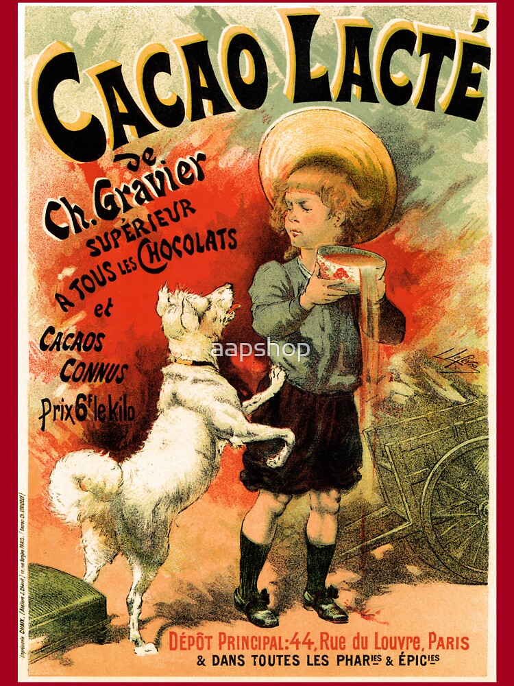 Vintage French hot chocolate advert, boy, white dog