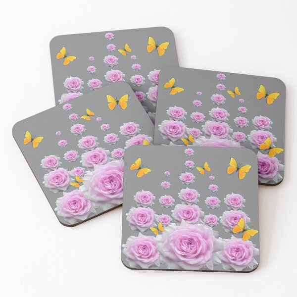 Item preview, YELLOW BUTTERFLIES & REGAL PINK ROSES ROSES GARDEN  GREY designed and sold by sharlesart.