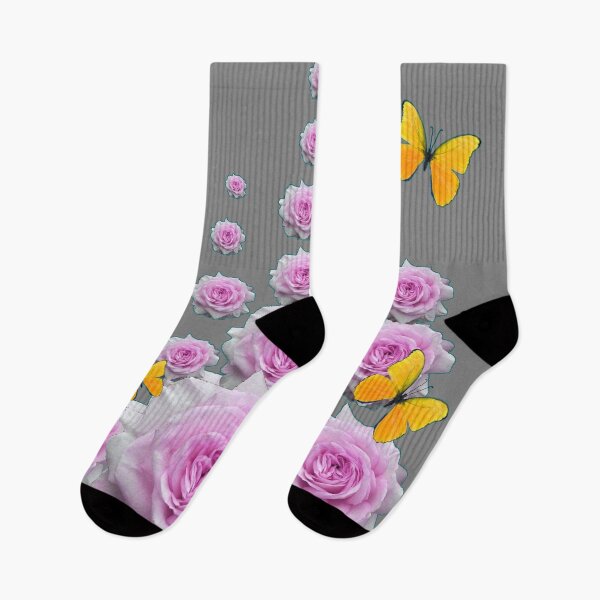 Item preview, YELLOW BUTTERFLIES & REGAL PINK ROSES ROSES GARDEN  GREY designed and sold by sharlesart.