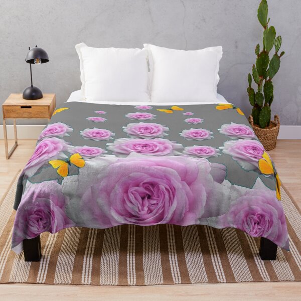 Item preview, YELLOW BUTTERFLIES & REGAL PINK ROSES ROSES GARDEN  GREY designed and sold by sharlesart.