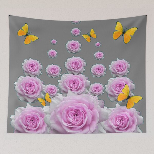 Item preview, YELLOW BUTTERFLIES & REGAL PINK ROSES ROSES GARDEN  GREY designed and sold by sharlesart.