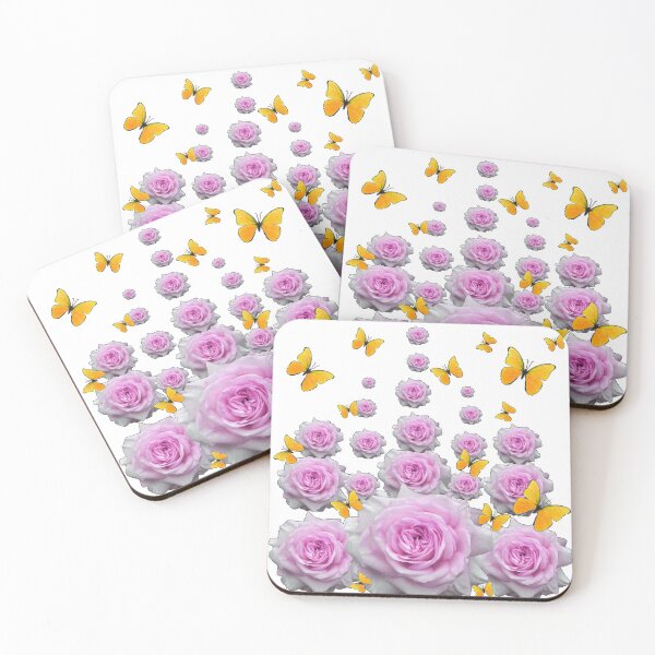 Item preview, YELLOW BUTTERFLIES &  REGAL PINK ROSES ROSES GARDEN ON WHITE designed and sold by sharlesart.