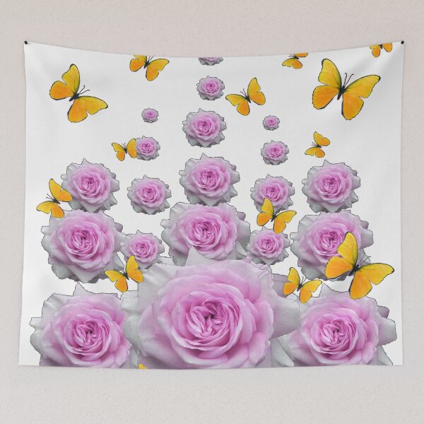 Item preview, YELLOW BUTTERFLIES &  REGAL PINK ROSES ROSES GARDEN ON WHITE designed and sold by sharlesart.