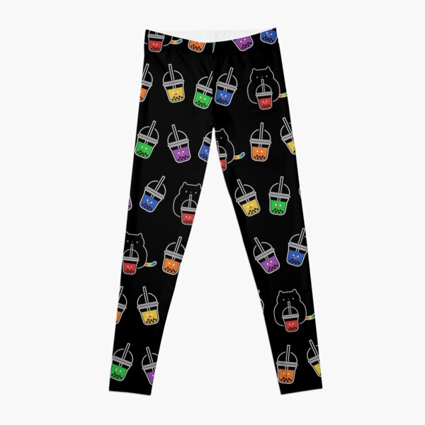 Kawaii Black Cat with Rainbow Bubble Boba Milk Tea Drink Leggings