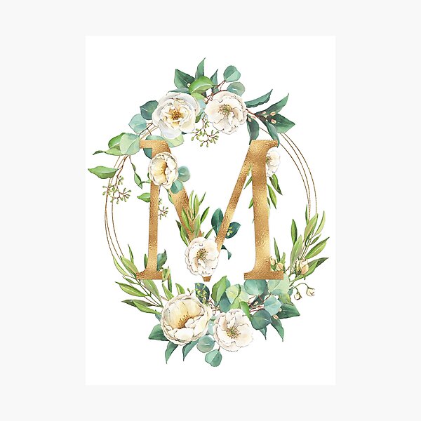 Gold Foil Floral Monogram M Photographic Print