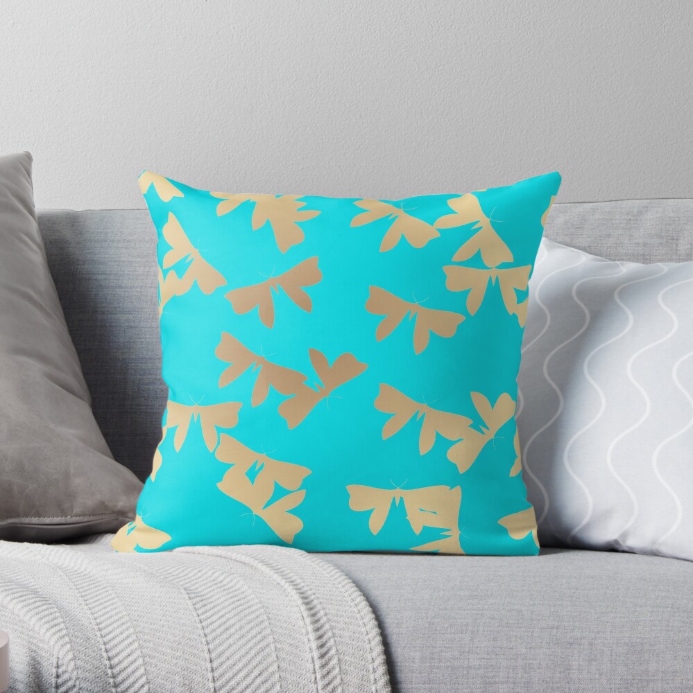 Moths - Gold on Light Blue Throw Pillow