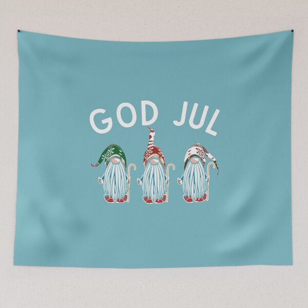 Item preview, God Jul Merry Christmas Scandinavian tomte gnome three Swedish elves Nordic style designed and sold by alenaz.
