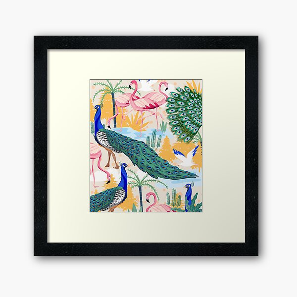 Utopia, Tropical Wildlife Animals, Flamingo Peacock Seagull Vintage Botanical Palm Framed Art Print