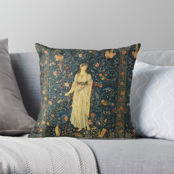 LADY FLORA, GREENERY, FOREST ANIMALS ,BIRDS ,RABBITS Blue Green Floral Tapestry Throw Pillow