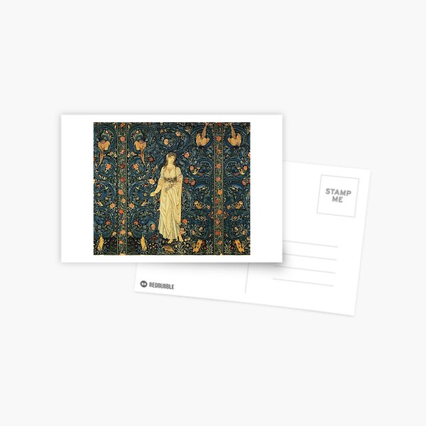 LADY FLORA, GREENERY, FOREST ANIMALS ,BIRDS ,RABBITS Blue Green Floral Tapestry Postcard
