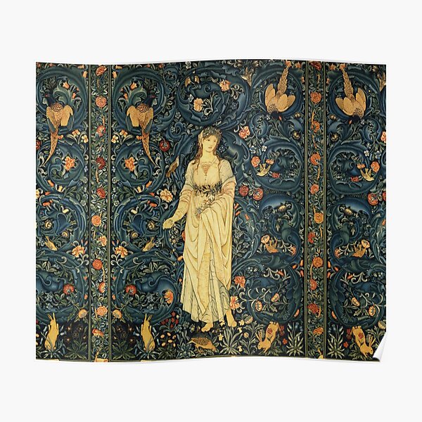 LADY FLORA, GREENERY, FOREST ANIMALS ,BIRDS ,RABBITS Blue Green Floral Tapestry Poster