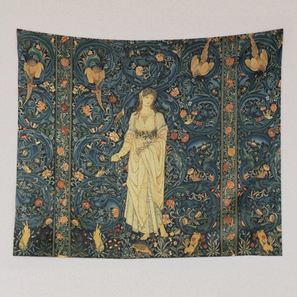Item preview, LADY FLORA, GREENERY, FOREST ANIMALS ,PHEASANT BIRDS ,RABBITS Blue Green Floral Tapestry designed and sold by BulganLumini.