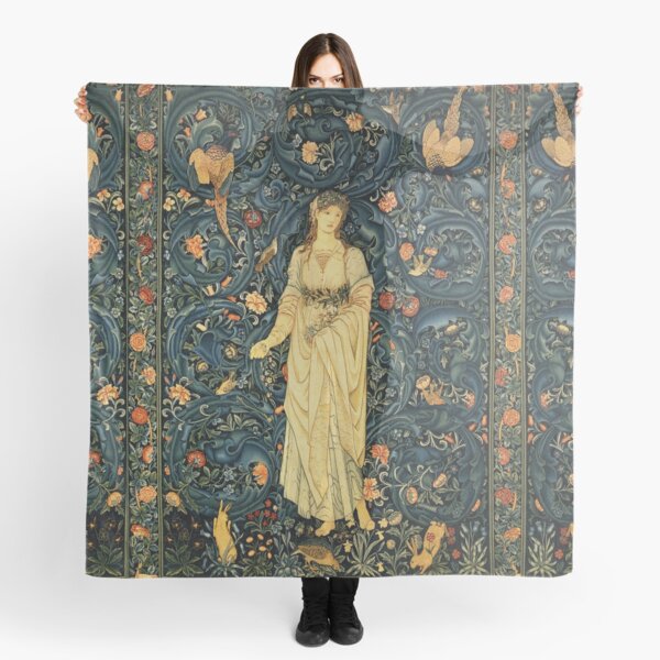 LADY FLORA, GREENERY, FOREST ANIMALS ,BIRDS ,RABBITS Blue Green Floral Tapestry Scarf