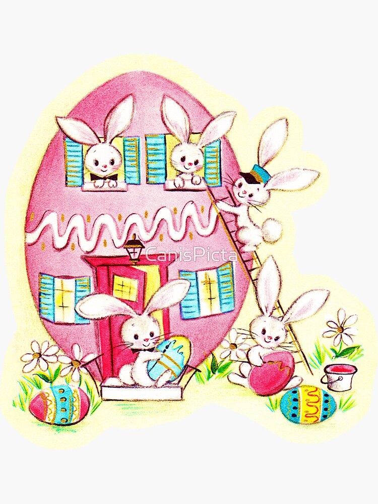 A Very Vintage Easter - Reimagined, Retro, Easter, Holiday, Card, Bunnies, Bunny, Rabbit, Bun Bun, Egg, Eggs, Colored, Dyed, House, Home, Pastel, by CanisPicta