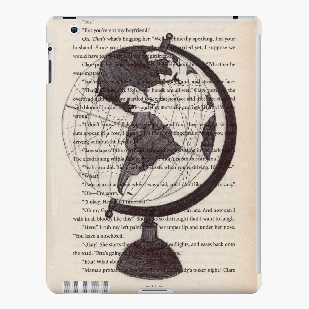 adventure journal, sketchbook with various cutouts, globe map, bear, birds,  flowers, stamps, black writing, h…