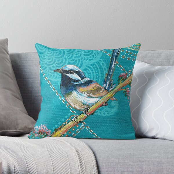 Happy little Wren - Teal Throw Pillow