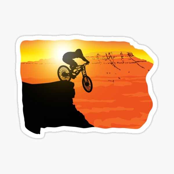 Item preview, Downhill mountain biker, mountain biking racing on the race track in the mountains jumps from a mountain with the setting sun behind the mountains. designed and sold by Marcin Adrian.