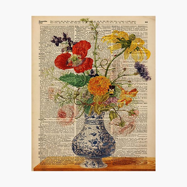 "Bouquet of Colourful Meadow Flowers,Dictionary Art,Old Book Page