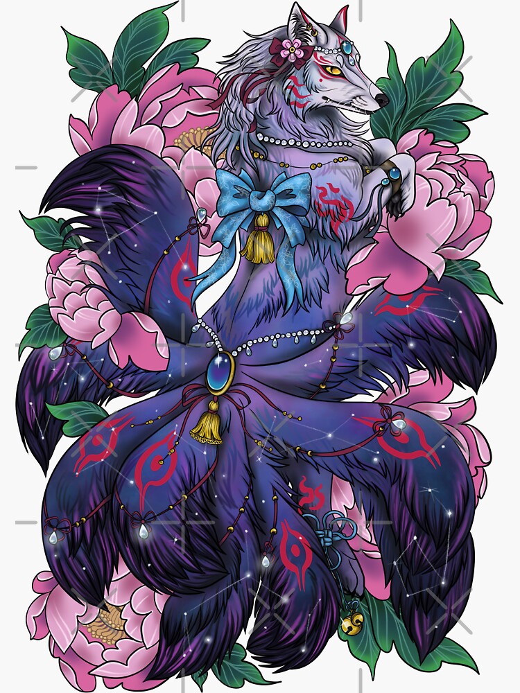 "Cosmic Japanese Kitsune with Peonies" Sticker for Sale by katmewkitty Redbubble