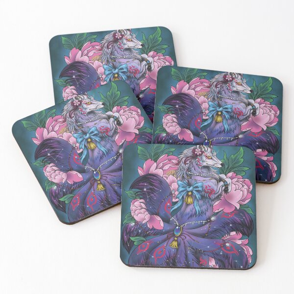 Item preview, Cosmic Japanese Kitsune with Peonies with background designed and sold by katmewkitty.