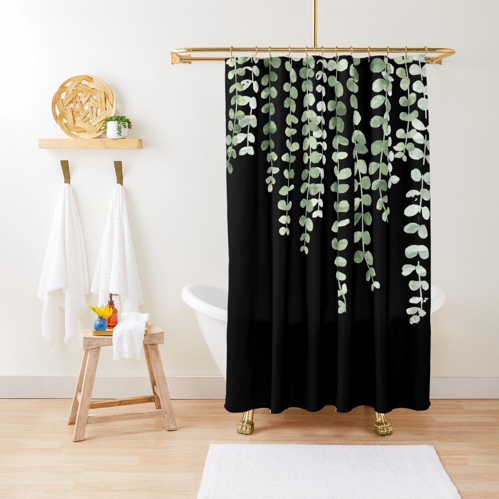Eucalyptus Watercolor Black Shower Curtain