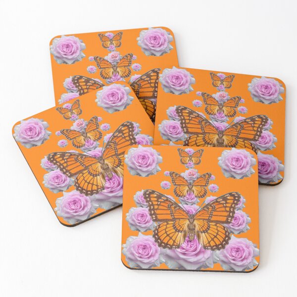 Item preview,  ORANGE--- YELLOW MONARCH BUTTERFLIES PINK ROSES ART designed and sold by sharlesart.