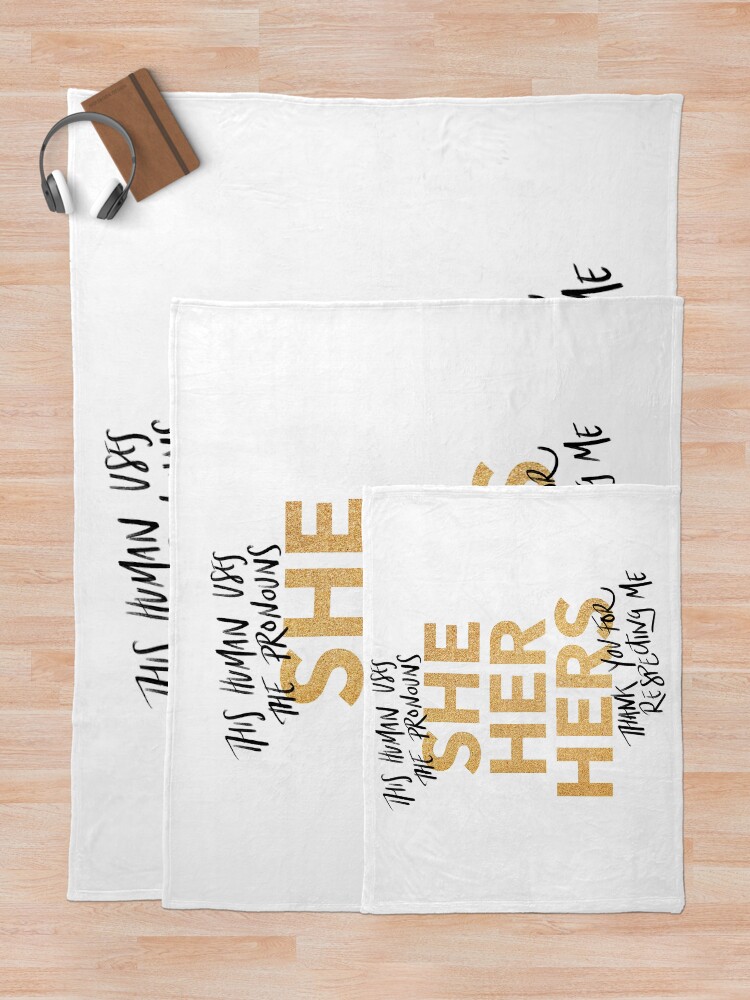 Alternate view of she/her, v4 in gold sparkles Throw Blanket