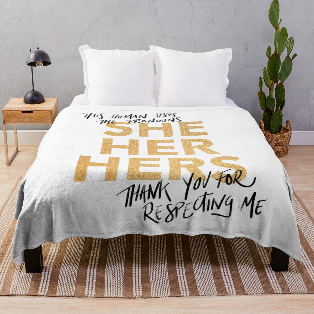 she/her, v4 in gold sparkles Throw Blanket
