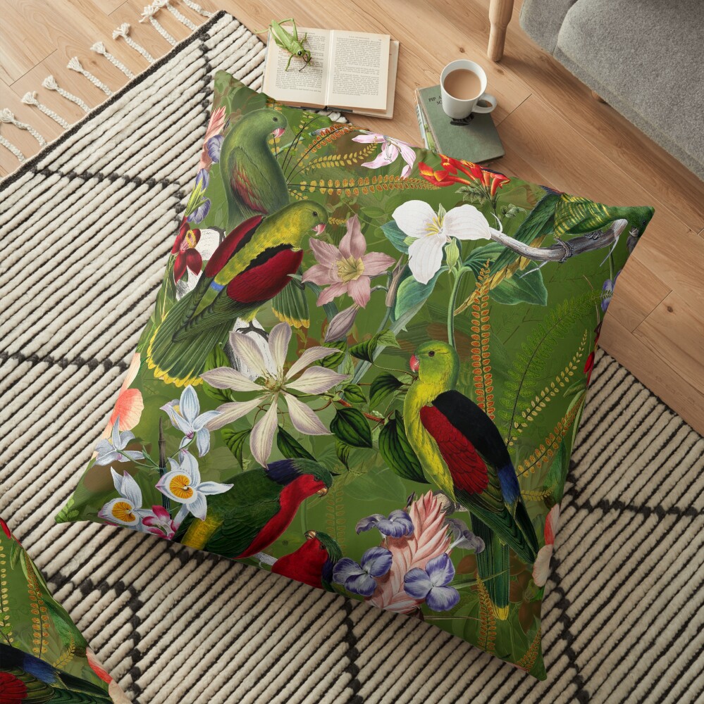 Vintage Parrot Jungle 3 Floor Pillow