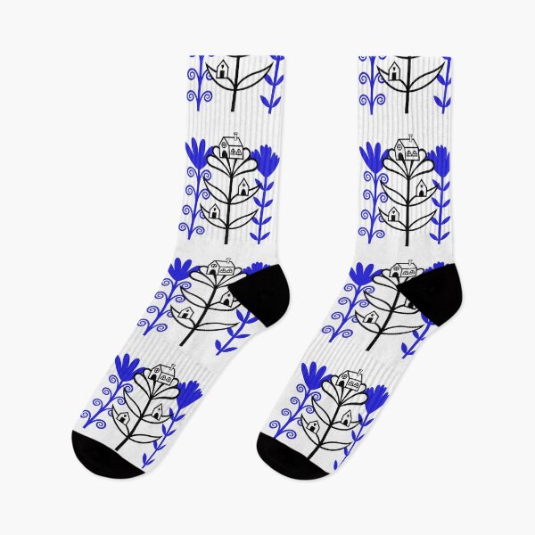 Item preview, Lovely Folktale Homes Sitting on Flowers Digital Illustration (black and lapis lazuli blue) designed and sold by wariana.