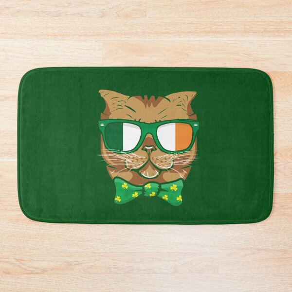 Item preview, St Patrick's Day Cat wearing sunglasses in Ireland flag colors with green bow tai in shamrocks print pattern designed and sold by alenaz.