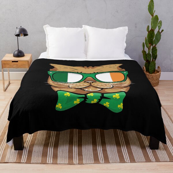 Item preview, St Patrick's Day Cat wearing sunglasses in Ireland flag colors with green bow tai in shamrocks print pattern designed and sold by alenaz.