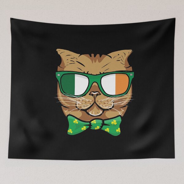 Item preview, St Patrick's Day Cat wearing sunglasses in Ireland flag colors with green bow tai in shamrocks print pattern designed and sold by alenaz.
