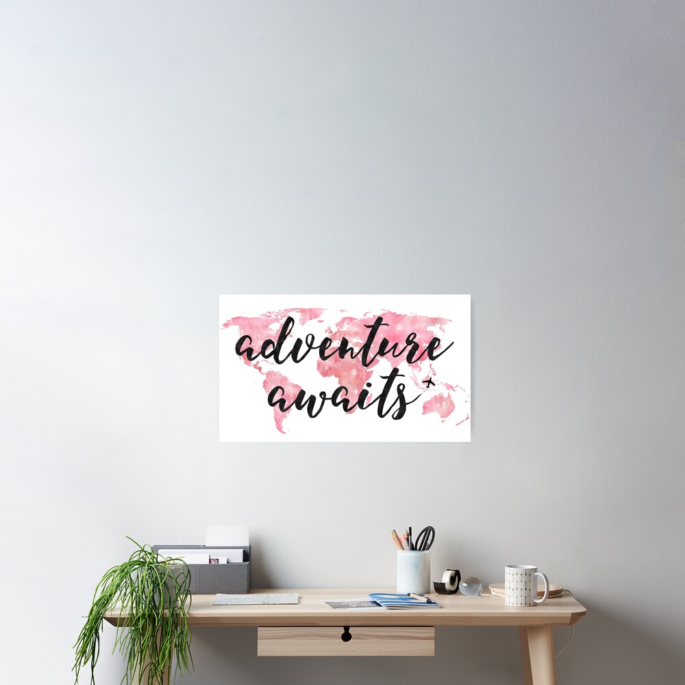 "Adventure Awaits | Pink Watercolor World Map | Wanderlust" Poster by