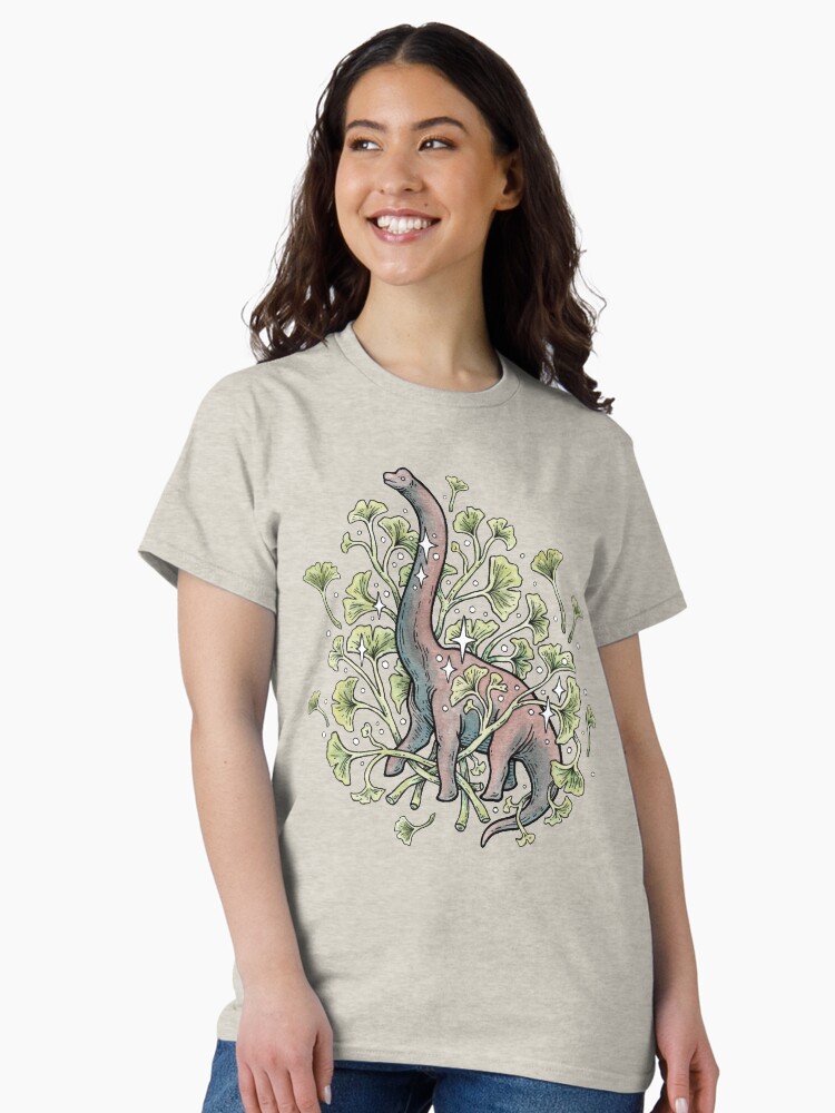Thumbnail 1 of 7, Classic T-Shirt, Brachio Ginkgo | Calm Color Palette | Dinosaur Botanical Art designed and sold by OMEGAFAUNA.
