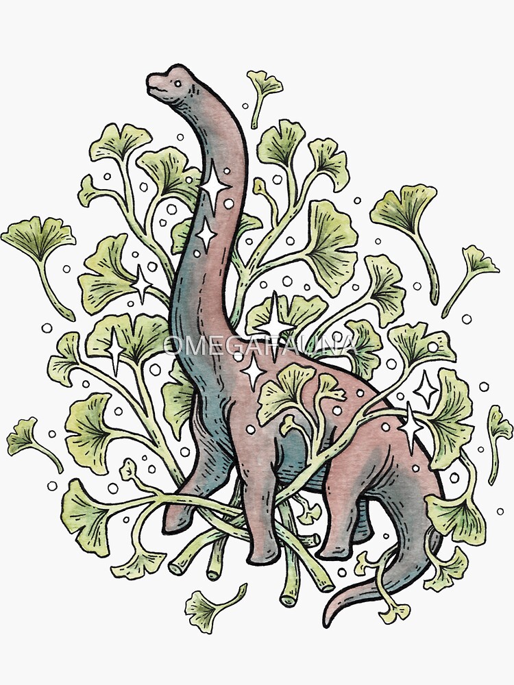Discover Brachio Ginkgo | Calm Color Palette | Dinosaur Botanical Art Sticker