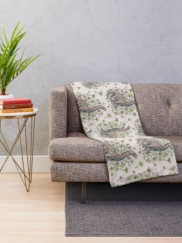 Alternate view of Brachio Ginkgo | Calm Color Palette | Dinosaur Botanical Art Throw Blanket