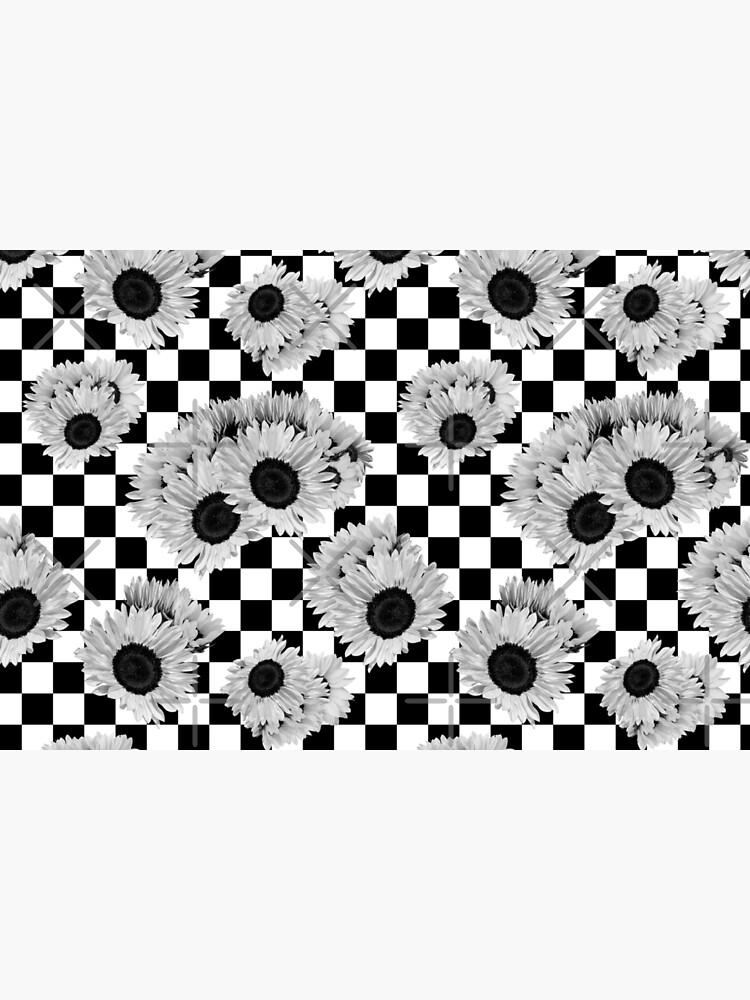 Disover grey sunflower floral with black and white checkered print Bath Mat