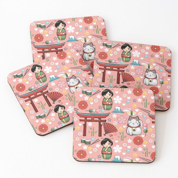 Item preview, Myriade de Japonais on peach - Plethora of kawaii Japanese motifs designed and sold by SamInJapan.