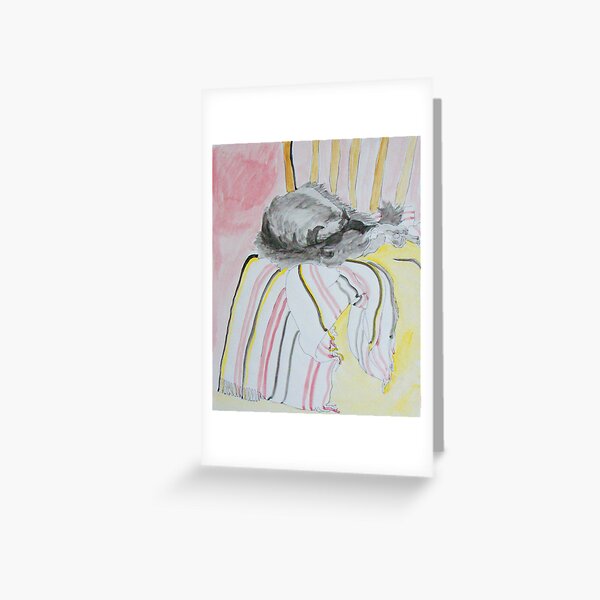 Grey cat asleep on a chair Greeting Card