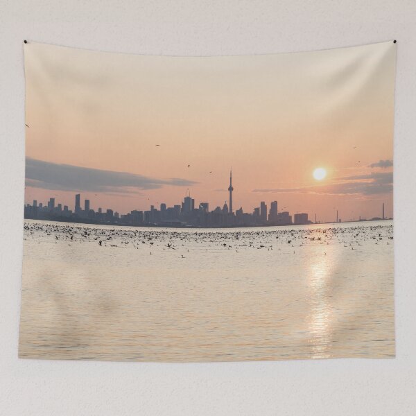 Item preview, Bird Flocks Sunup - Toronto Skyline with Thousands of Cormorants designed and sold by Georgia Mizuleva.