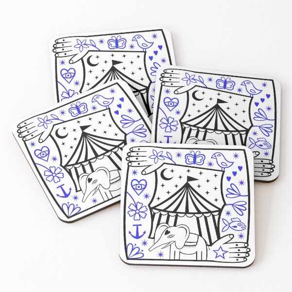 Item preview, Original Elephant and Circus Tent with Strong Man Tattooed Arms Frame Illustration (black and lapis lazuli blue) designed and sold by wariana.