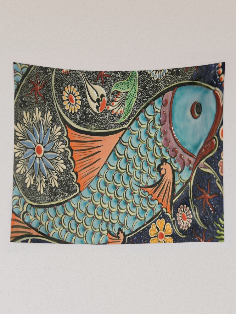 folk art orange blue japanese good luck koi fish Tapestry for Sale by  lfang77