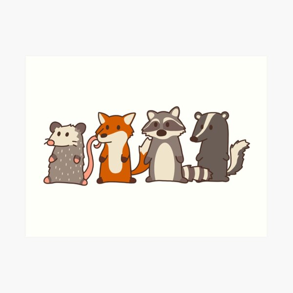opossum, fox, raccoon and skunk woodland friends Art Print